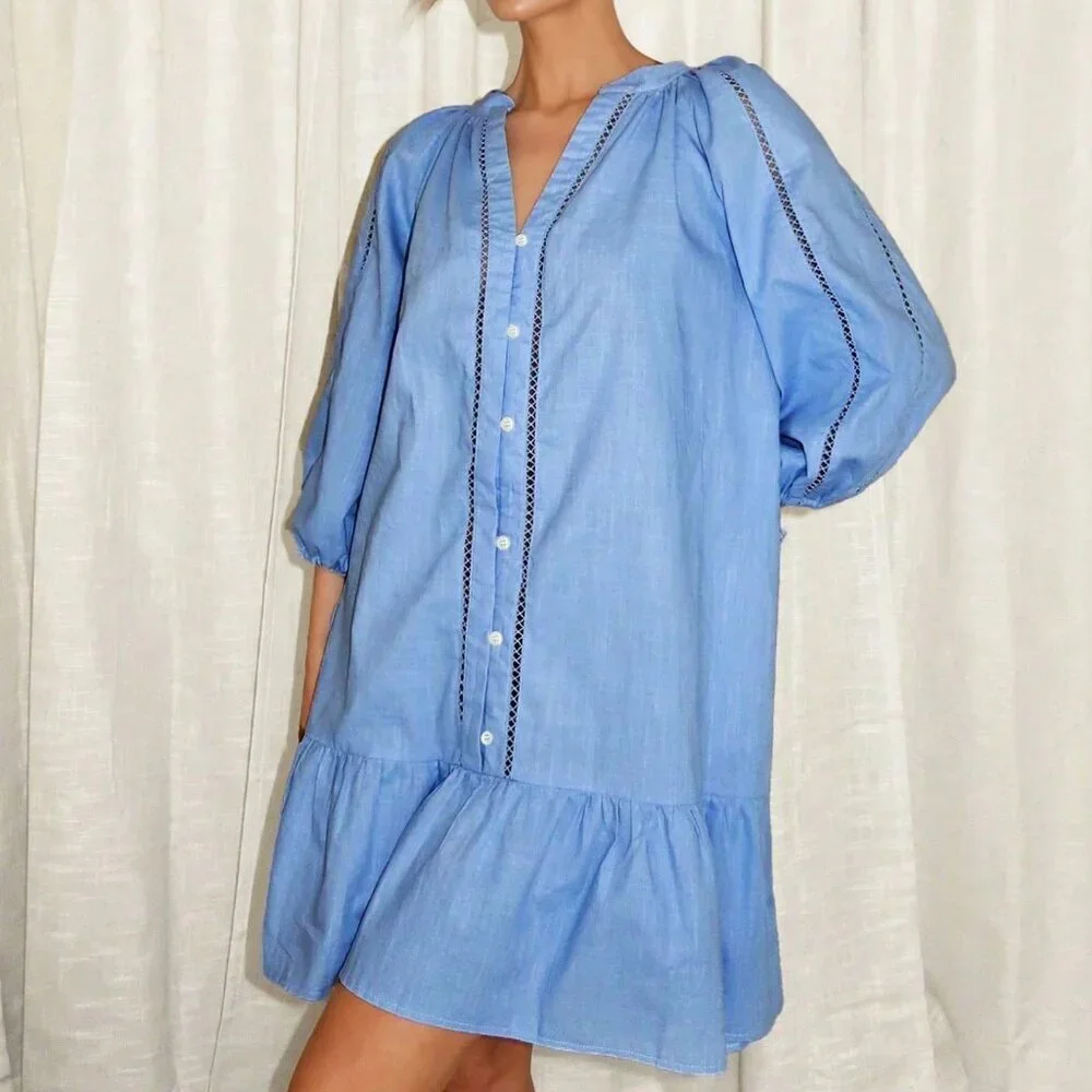 Baby Blue Cute Women's Summer Cotton Linen Ruffled Hem Dress - Picture 1 of 6